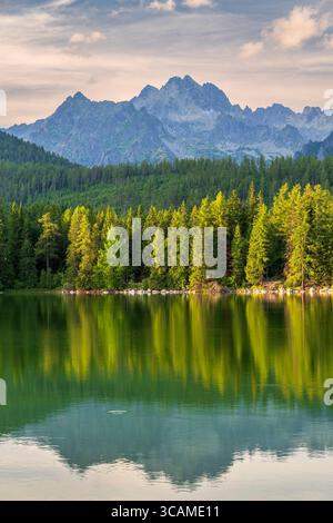 Strbske See mit den Bergen der Hohen Tatra dahinter, Strbske Pleso, Presov, Slowakei Stockfoto