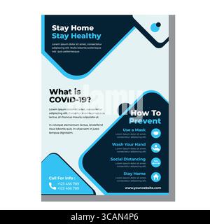 COVID 19-Informationsflyer mit Präventionstipps und „Stay Home“-Nachricht Stock Vektor