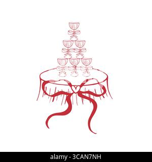 Rotes Vektorglas mit rotem, skurrilen Bogen. Hochzeit, Party, handgezeichnete Illustration Stock Vektor