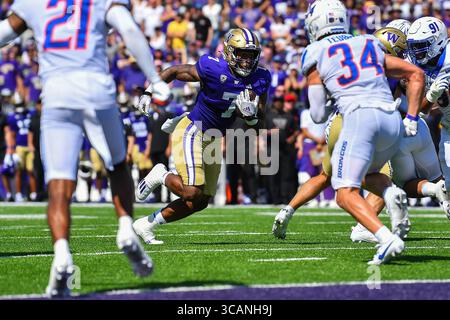 2. September 2023: Washington Huskies Running Back Dillon Johnson (7) läuft während des NCAA-Fußballspiels zwischen den Boise State Broncos und Washington Huskies im Husky Stadium in Seattle, WA, in Richtung Endzone. Washington besiegte Boise State mit 56:19. Steve Faber/CSM (Foto: © Steve Faber/CSM via ZUMA Press Wire) Stockfoto