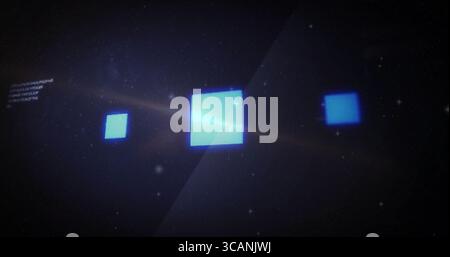 Pulsierendes zentrales leuchtendes blaues Quadrat, das sich im virtuellen Raum bewegt, mit Objektivfackeln und kleineren Quadraten Stockfoto