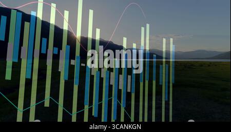 Anzeige der Datenvisualisierung über dem Tal am See in der Abenddämmerung mit pastellfarbenen Balken- und Liniendiagrammen Stockfoto