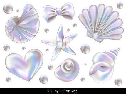 3D Pearl Seashell Aufkleber Set im Y2K Stil. Dreidimensionale Perle, Muscheln, Bogen und Herz. Holografische Retro-Symbole, realistische Vektorillustration isoliert auf weißem Hintergrund. Stock Vektor