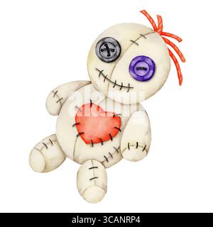 Genähte Voodoo-Puppe mit rotem Herz und Knopfaugen in Aquarell-Clipart. Perfekt für gruselige Sticker-Sets, Halloween-Karten-Design, Gothic-Elemente und Kostümausdrucke. Stockfoto