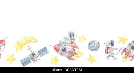 Aquarellillustration nahtloser Rand mit roter Rakete, gelbem Stern, grauen Astronauten und Satellitenelementen. Geeignet zum Einpacken von Papier, raumbezogenen Unterrichtsrändern oder Scrapbooking Stockfoto
