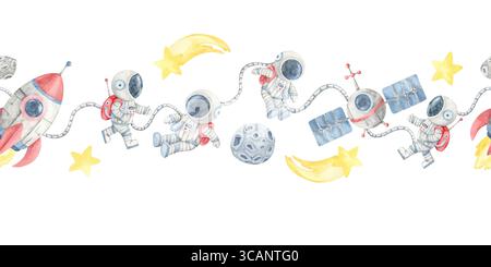 Rote Raketen, gelbe Monde, graue Astronauten, grüne Außerirdische und UFOs sind in einem nahtlosen Aquarellteil angeordnet. Geeignet für Banner, Babyduschen-Einladungen oder verspielte digitale Rahmen Stockfoto