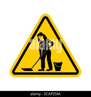 Ein Warnschild zeigt eine Frau, die den Boden mit einem Mopp und Eimer reinigt. Ideal für den Einsatz in Warnschildern, Sicherheitshinweisen und Illustrationen zur öffentlichen Hygiene Stock Vektor