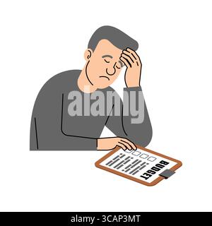 Gestresster Mann, der Rechnungen und Finanzdokumente ansieht. Konzeptionelle Darstellung finanzieller Angst, Schulden oder Geldprobleme. Flacher, moderner Stil. Stock Vektor