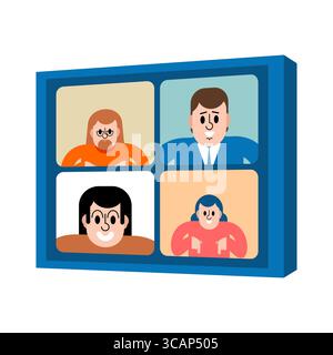 Raster der Personen in einem Videoanruf. Online-Meeting, Remote-Arbeit oder virtuelle Kommunikationsschnittstelle. Flache Abbildung für digitale Kommunikation. Stock Vektor