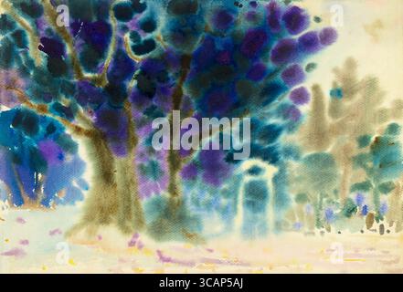 Abstraktes Aquarell Originalgemälde bunt von blauem Baum und Emotionen im Himmelhintergrund. Stockfoto