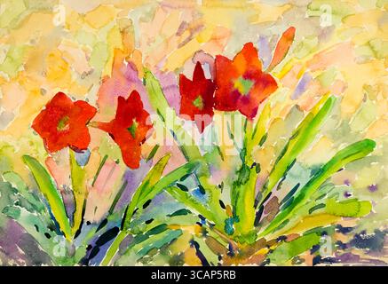 Abstraktes Aquarell Original Gemälde rote Farbe der amaryllis Blume und grüne Blätter im Himmel Hintergrund. Stockfoto