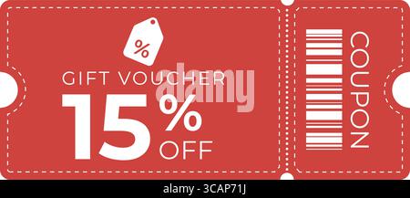 15 % Rabatt-Coupon-Ticket im roten flachen Stil mit gestricheltem Rand, fettgedrucktem weißem Text und Tag-Symbol. Perfekt für E-Commerce, Werbeaktionen, Verkauf, Einzelhandel, Markt Stock Vektor