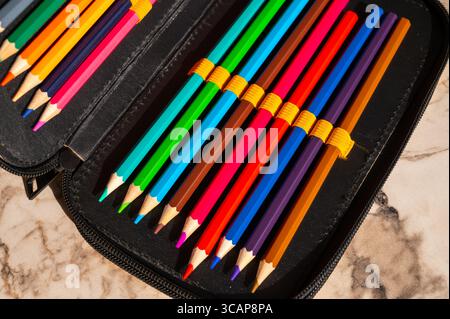 Mehrfarbige Bleistifte im Stiftetui eines Schuljungen Stockfoto