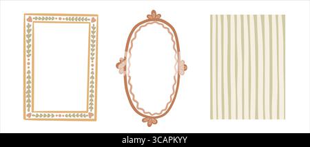 Ovaler Rahmen und gestreifter Hintergrund Set von Hand gezeichneter Kritzelvektor Illustration. Minimales grünes und oranges Element mit Streifen- und Strichgrafik. Toll für Stock Vektor