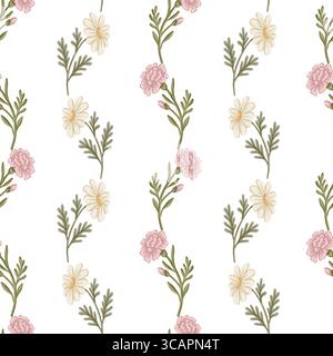 Vertikaler Streifen aus Nelken- und Gänseblümchenmuster. Handgezeichnetes Blumenmuster in Pastellfarben mit Vintage-Coquette. Ideal für Textilien und Stock Vektor