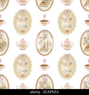 Niedliche Gänse- und Blumenstrauß im nahtlosen Muster eines pastellfarbenen Bilderrahmens. Handgezeichneter Coquette-Stil mit gestreiftem Vintage-Hintergrund. Ideal für Textilien Stock Vektor