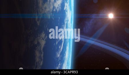 Erde Zwillingsplanet. Universumsszene mit unbekanntem Planeten mit Planetenringen, Sonne, Sternen, Galaxie im Weltraum. Elemente dieses Bildes, bereitgestellt von der NASA Stockfoto