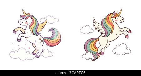 Fliegende Einhörner mit Regenbogenmähnen und Flügeln in einem bewölkten Himmel Stock Vektor