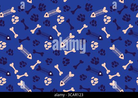 Verspielte Paw Prints und Fisch und Knochen auf blauem Hintergrund. Niedliche, nahtlose Tierpfoten-Prints und skizzierte Herzen. Ideal für Mode, Verpackung, Karten Stock Vektor