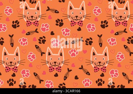 Verspielte Paw Prints, Herzen, Fischknochen und niedliche Katzenköpfe auf orangefarbenem Hintergrund. Niedliche, nahtlose Tierpfoten-Prints und skizzierte Herzen. Ideal für Mode Stock Vektor