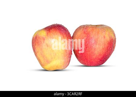 Roter reifer Apfel mit Wassertropfen isoliert auf weißem Hintergrund Stockfoto
