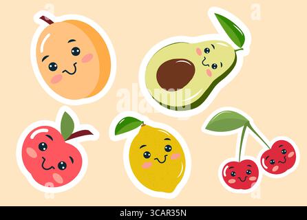 Diese lebendige Vektor-Illustration zeigt entzückende Obst- und Beerenfiguren, einschließlich Kirschen und einer Avocado, die als fröhliche Aufkleber entworfen wurden. Sie Stock Vektor