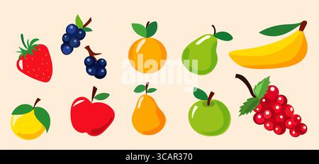 Eine lebendige Sammlung verschiedener Früchte und Beeren wird gezeigt, darunter Erdbeeren, Bananen, Trauben und mehr. alles ist lustig und farbenfroh Stock Vektor