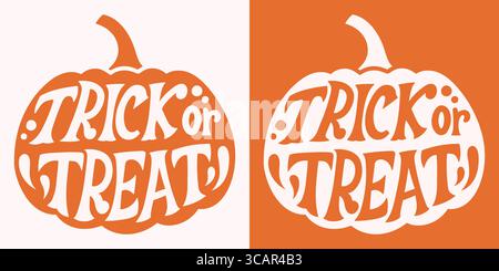 Trick or Treat in Kürbis geschrieben. Happy Halloween Vektor-Schriftzug. Weihnachtsbeschriftung für Banner. Happy Halloween Poster, Grußkarte, Party Stock Vektor