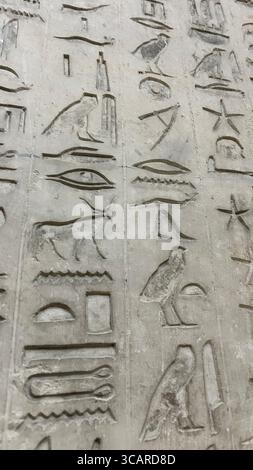 Pyramidentexte des Opferrituals sind an den Wänden der Unas-Grabkammer in Sakkara, Ägypten, eingeschrieben. Stockfoto