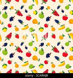 Dieses lebendige und nahtlose Muster zeigt eine Auswahl an Früchten und Beeren, darunter Trauben, Äpfel und Erdbeeren auf einem hellen Hintergrund, perfekt Stock Vektor