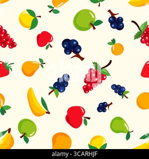 Das lebhafte Design bietet eine Auswahl an Früchten und Beeren, darunter Erdbeeren, Trauben, Äpfel und Bananen vor einem weichen, hellen Hintergrund. Dieses Muster Stock Vektor