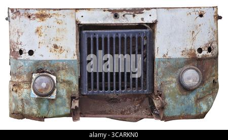 Kaputte Glasscheinwerfer ein Radiato auf dem rostigen Eisen eines blauen Vinatge-Busses Stockfoto