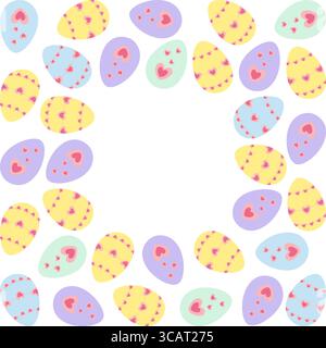 Hand gezeichnete mehrfarbige Ostereier mit Herz Dekor Osterfeiertag Rahmen Border Copyspace Vorlage. Isolierte Vektor-Illustration Ostergruß Thematische Karten, Poster, Banner, Faltblatt, Etikett, Preis Stock Vektor