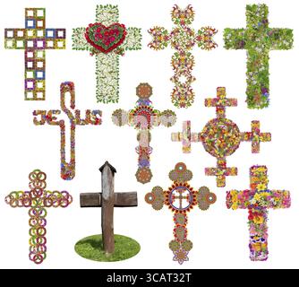 Jesus Blumenkreuze Set. Isoliert auf weißer, handgefertigter abstrakter Collage aus Sommerblumen und grünen Blättern. Bilder in voller Größe in meinem Portfolio Stockfoto