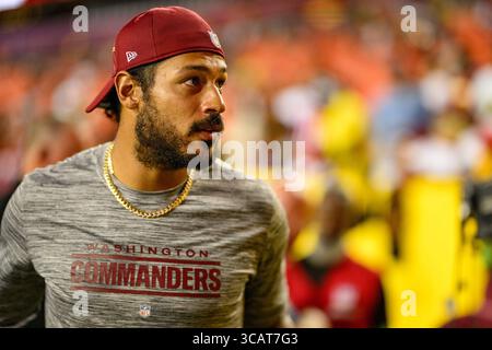 26. August 2023: Washington Commanders Tight End Logan Thomas verlässt das Feld nach dem NFL-Spiel zwischen den Cincinnati Bengals und den Washington Commanders in Landover, MD Reggie Hildred/CSM (Credit Image: © Reggie Hildred/CSM via ZUMA Press Wire) Stockfoto