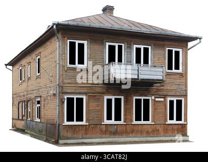 Die zerstörten alten Holzhaus von Masseaufbau von Anfang des 20. Jahrhunderts. Isoliert auf weiss. Fenster Glas isoliert auf schwarz Stockfoto