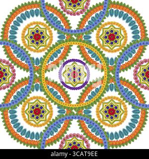 Kreisförmige Blumenkreise und Zahnräder als Frühlingszeitmaschinenkonzepthintergrund. Abstrakte isolierte handgefertigte Collage aus Blättern und Pflanzen Stockfoto