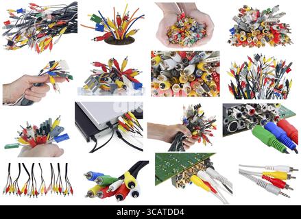 Blau, grün, gelb, weiß, Cinch, HDMI, USB, digitale Internet-Anschlüsse, Kabel und Stecker. Alle Bilder in voller Größe finden Sie in meinem Portfolio Stockfoto