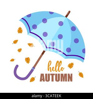 Eine helle Illustration eines Regenschirms mit dem Text Hello Autumn in einem minimalistischen Stil. Perfekt für eine Grußkarte. Stock Vektor