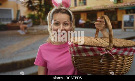 Frau in einem rosa Hemd mit Hasenohren hält einen Picknickkorb in einer Kopfsteinpflasterstraße; Überraschung. Stockfoto