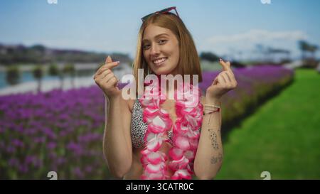 Junge blonde Frau, die Bikinizone und blumenkleid trägt, die Herzform mit Fingern im Park bildet; Liebesfreude. Stockfoto
