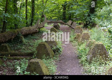 Dragon's Teeth Antipanzerbefestigungen, Verteidigungsanlagen aus dem Zweiten Weltkrieg in Surrey als Verteidigungslinie für London im Falle einer Invasion der Nazis, Guildford, gebaut Stockfoto
