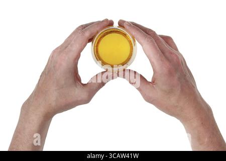 Ein älterer Mann in einer Bar hält seine riesigen Hände mit einem kleinen Glas Bier. Isolierte Top View Studio Konzept Stockfoto