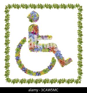 Rollstuhlsymbol aus Frühlingsblumen und Pflanzen. Isolierte, handgefertigte Collage für Makroaufnahmen im Studio Stockfoto