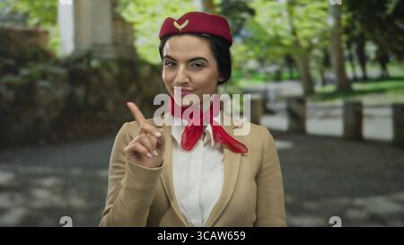 Hispanischer Flugbegleiter in Uniform-Gesten Nein mit Finger im Freien in einem Park, kombiniert Professionalität mit natürlichen Outdoor-Elementen. Stockfoto