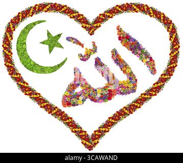Das Wort der Liebe zu Allah steht in den hellen Sommerblumen. Halbmond und Stern des Islam aus grünen Blättern. Handgefertigte isolierte Collage Stockfoto