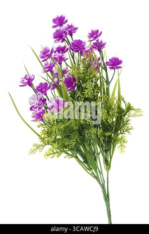 Künstliche tote plastische violette Blüten mit Blättern. Isoliert auf weißem Studio-Makrofoto Stockfoto