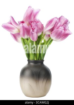 Pinkfarbene Frühlingstulpen in einer einfachen Keramikvase isoliert auf weiß Stockfoto