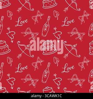 Nahtloses Doodle-Liebesmuster. Muster zum Thema Liebe, Beziehungen, Hochzeiten und Valentinstag. Weiße Umrissvektorabbildungen auf rotem Hintergrund Stock Vektor