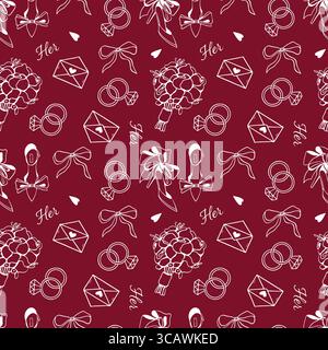 Nahtloses Hochzeitsmuster mit Strichsymbolen auf rotem Hintergrund. Nahtloses Muster mit Hochzeitsillustrationen. Muster mit Eheringen, Brautstrauß, Bögen. Hintergrund für Hochzeiten, Valentinstag, Liebesthema. Vektorabbildung Stock Vektor
